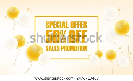 Sales Promotion with 3D Balloon Background and Banner. Realistic Golden Yellow and White Air Balloons, Stars on Yellow Background for Special Offer, Shop Grand Opening Celebration. Vector Illustration