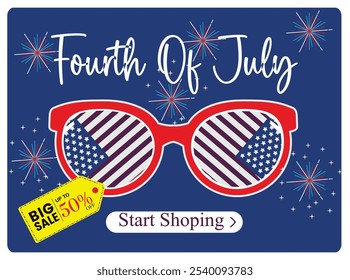 Sales promotion advertisement on Independence Day. Glasses with American flag. Independence Day USA concept. Flat vector illustration.