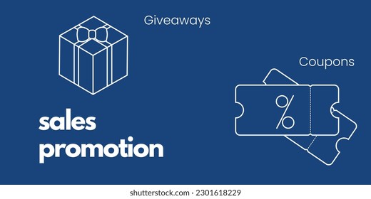 Sales Promotion Banner on Blue Background. Stylish Promotion Banner with White Text and Icons of Giveaways and Coupons for Business and Marketing