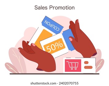 Sales Promotion concept. Hands presenting discount coupons, embodying the excitement of saving while shopping. Engaging in retail therapy with deals and offers. Flat vector illustration