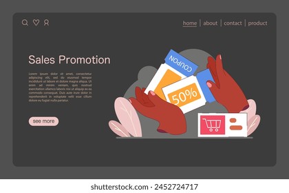 Sales Promotion concept. Hands presenting discount coupons, embodying the excitement of saving while shopping. Engaging in retail therapy with deals and offers. Flat vector illustration