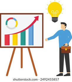 Sales promotion concept or presentation for business idea and opportunity, presenting proposal or plan to clients or prospects, confident businessman presenting sales promotion on blackboard.