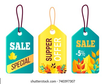 Sales promotion in fall concept, Tags Hanging with text sale, discount buy now hot price promo posters with percent signs, advertisement labels vector