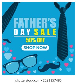Sales promotion for Father's Day. Tie, glasses, and mustache on a blue background. Father's Day concept. Flat vector illustration.