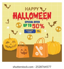 Sales Promotion with Halloween pumpkins. Discount promo with a shopping bag and bat. Halloween concept. Flat vector illustration.