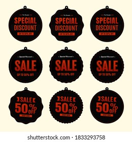 Sales promotion label and banner set in black and orange color concept.