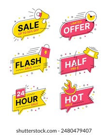 Sales promotion labels collection design with megaphone, clock, ticket, shopping bag icons.