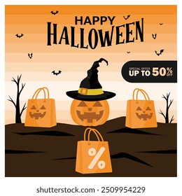 Sales promotion on Halloween. Pumpkin in witch hat with shopping bags. Halloween concept. Flat vector illustration.