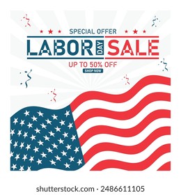 Sales promotion on Labor Day. American flag waving. Labor Day concept. Flat vector illustration.