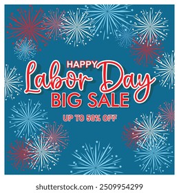 Sales promotion on Labor Day in America. Colorful fireworks as decoration. Labor Day Sale concept. Flat vector illustration.