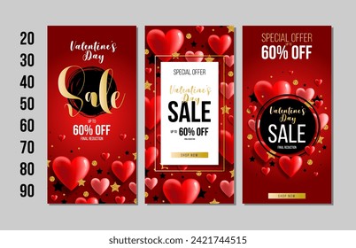 Sales promotion on Valentine's Day. Valentine's Day flyers set. Social media banners,greeting card, mobile apps, banner design and web ads with red hearts. Vector illustration