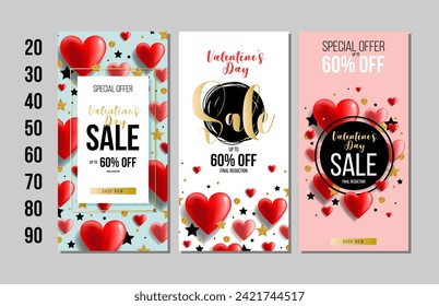 Sales promotion on Valentine's Day. Valentine's Day flyers set. Social media banners,greeting card, mobile apps, banner design and web ads with red hearts. Vector illustration