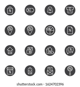 Sales promotion vector icons set, modern solid symbol collection filled style pictogram pack. Signs logo illustration. Set includes icons as percentage tag, discount label, financial diagram, shopping