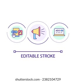 Icono de concepto de bucle de promociones de ventas. Aumentar la conciencia de las marcas en línea. Ofreciendo descuentos de productos ilustraciones de línea delgada idea abstracta. Dibujo de contorno aislado. Trazo editable. Tipo de letra arial utilizado