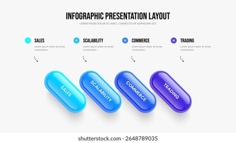 Sales Proposal Four Step Diagram Slide Template. Professional Portfolio 4 Element Infographic Presentation Design. Modern Review Slideshow Layout Vector Illustration.