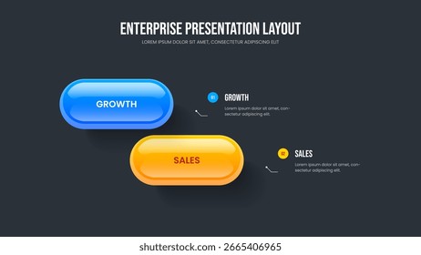Sales Proposal Presentation Layout Vector Illustration. Market Launch 2 Element Infographic Slideshow Template. Business Report Two Option Diagram Slide Design.