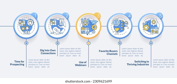 Plantilla de infografía de círculo de técnicas de prospección de ventas. Gestión. Visualización de datos con 5 pasos. Gráfico de información de línea de tiempo editable. Diseño de flujo de trabajo con iconos de línea. Lato-Bold, fuentes regulares usadas