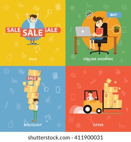 Sales, purchases, discounts, ideas and analysis flat abstract isolated vector banners