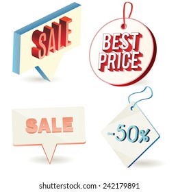 Sales realistic tags. Sale. Best price. 50%.  Vector illustration