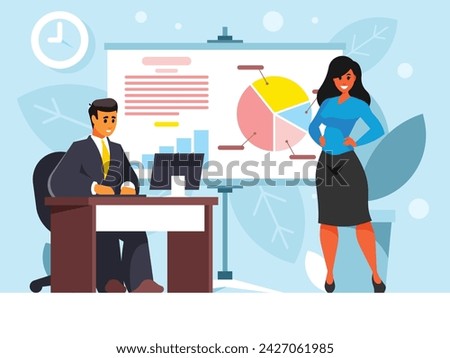 Sales report. Businessman at work. A man sits at a table and works at a computer. Female top manager. Woman leader. Success businesswoman. Background with Presentation flipchart board