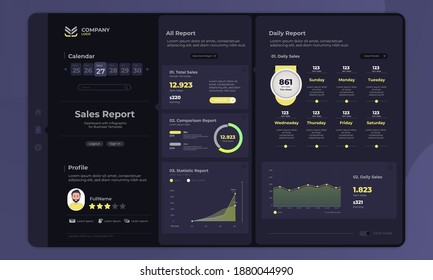 Sales Report Template On Dashboard Panel User Interface With Dark Mode Concept