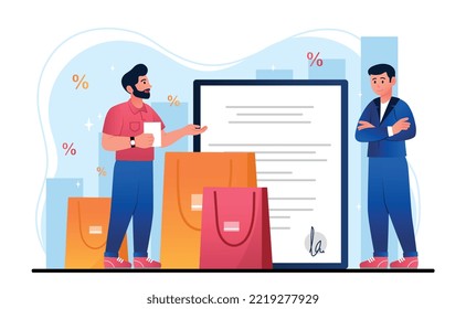 Sales representative concept. Man stands with shopping bags next to documents. Businessman and buyer make deal. Cashless payment and transactions, online shopping. Cartoon flat vector illustration