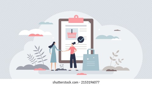 Sales representative as customer support manager job tiny person concept. Professional assistant for retail shopping purchases vector illustration. Trading specialist deal and work as selling agent.