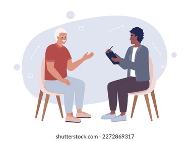 Sales representative interacting with customer 2D vector isolated spot illustration. Salesman utilising tablet flat characters on cartoon background. Colorful editable scene for mobile app, website