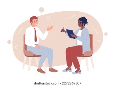 Sales representative negotiating with client 2D vector isolated spot illustration. Saleswoman utilising tablet flat characters on cartoon background. Colorful editable scene for mobile app, website