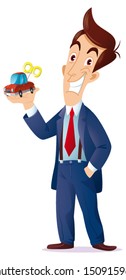 a sales representative with a toy car in his hand, I want to express the concept is as follows: for you the machine is a game or a working tool?