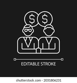 Sales representative white linear icon for dark theme. Person that presents and sells products. Thin line customizable illustration. Isolated vector contour symbol for night mode. Editable stroke