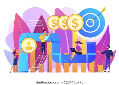 Sales reps and managers analyze sales pipeline. Sales pipeline management, representation of sales prospects, customer prospects lifecycle concept. Bright vibrant violet vector isolated illustration