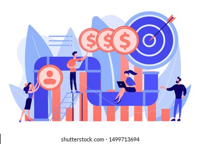 Sales reps and managers analyze sales pipeline. Sales pipeline management, representation of sales prospects, customer prospects lifecycle concept. Living coral bluevector isolated illustration