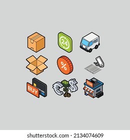 Sales and Retail isometric outline color icons