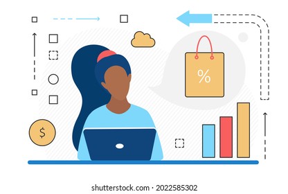 Sales in retail store, people shopping online vector illustration. Cartoon woman shopaholic character sitting, using laptop for shopping, bag and cloud storage, shop app line icons isolated on white background