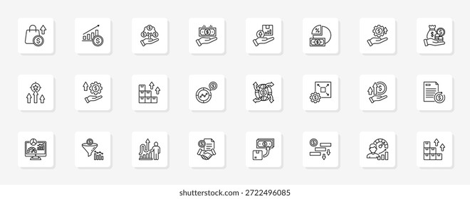 Otimização de vendas e receita Conjunto coeso de ícones de vetor minimalistas que representam ideias-chave com clareza visual
