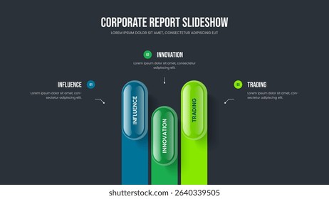 Sales Review 3 Option Infographic Presentation Template. Company Innovation Three Step Diagram Slide Design. Enterprise Briefing Slideshow Layout Vector Illustration.