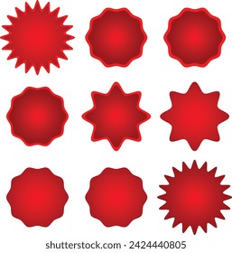 Sales round and stars set red color. Sales vector. Starburst red sticker set - collection of special offer sale oval and round shaped sunburst labels and badges. Promo stickers with star edges. Vector