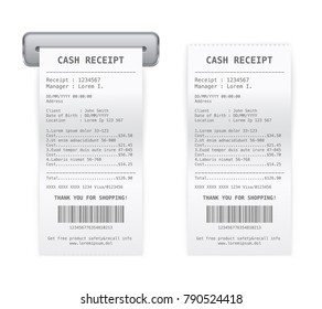 Sales services printed cash receipt coming from register paper roll 2 realistic images set isolated vector illustrations