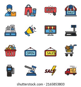 Sales and shopping colored outline icons set 2 with white background.