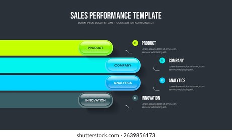 Sales Showcase 4 Element Infographic Presentation Layout. Enterprise Performance Four Step Diagram Slideshow Design. Advertising Solution Slide Template Vector Illustration.