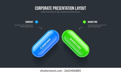 Diseño de presentación de diapositivas de infografía de dos opciones. Plantilla de presentación de diagrama de 2 pasos de crecimiento del servicio. Ilustración vectorial de diseño de marco de innovación de proyecto.