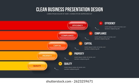 Solução de vendas Layout de apresentação infográfica em cinco etapas. Modelo de Apresentação de Slides do Diagrama de Elemento do Visual Performance 5. Ilustração do vetor do projeto do slide da visão geral corporativa.