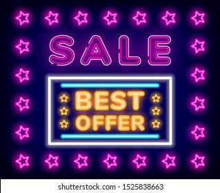 Sales in stores and shops, best offer for people. Vector billboard illustration with neon letters and signs. Discounts, lower price on products. Designed sign on board for advertising clearance