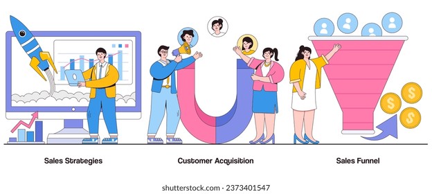 Sales strategies, customer acquisition, sales funnel concept with character. Sales optimization abstract vector illustration set. Lead generation, conversion rate, revenue growth metaphor.