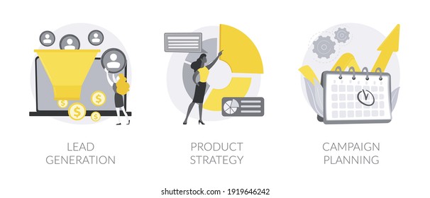 Conjunto de ilustraciones del vector de concepto abstracto de estrategia de ventas. Generación de nuevos clientes potenciales, estrategia de productos, planificación de campañas, software de marketing digital, crecimiento de ventas, metáfora abstracta de soluciones empresariales.