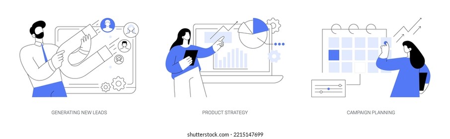 Sales strategy abstract concept vector illustration set. Generating new leads, product strategy, campaign planning, digital marketing software, sale growth, business solution abstract metaphor.