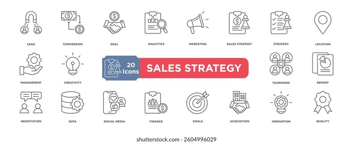 sales strategy  icon collection set. Containing design Lead,Conversion,Deal,Analytics,Marketing,Sales strategy,Strategy,Location,Management,Creativity,Teamwork,Report,Negotiation,Data,Social media,Fin