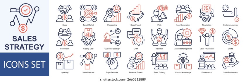 Verkaufsstrategie-Symbolsatz, Vektorgrafik Vertrieb, Zielmarkt, Prospecting, Sales Funnel, Pitch, Lead Generation, Verhandlung, Customer Journey, Conversion, Closing Deal, Outbound Strategy, CRM