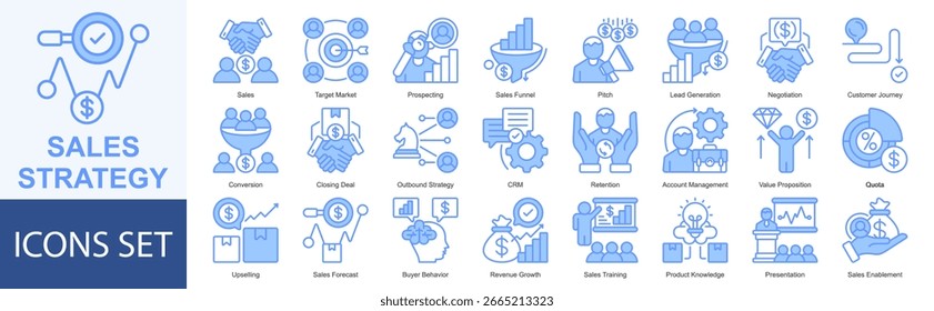 Verkaufsstrategie-Symbolsatz, Vektorgrafik Vertrieb, Zielmarkt, Prospecting, Sales Funnel, Pitch, Lead Generation, Verhandlung, Customer Journey, Conversion, Closing Deal, Outbound Strategy, CRM